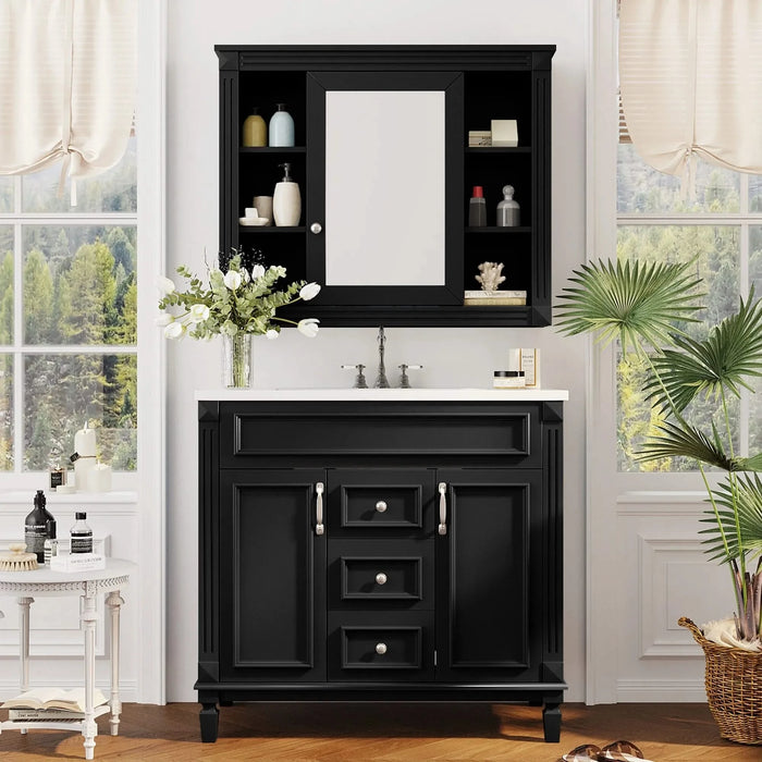 36'' Bathroom Vanity with Top Sink, Black Mirror Cabinet, Modern Bathroom Storage Cabinet with 2 Soft Closing Doors and 2 Drawers, Single Sink Bathroom Vanity Default -DTYStore