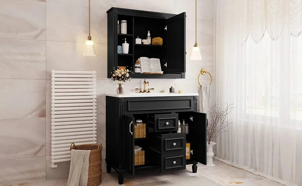 36'' Bathroom Vanity with Top Sink, Black Mirror Cabinet, Modern Bathroom Storage Cabinet with 2 Soft Closing Doors and 2 Drawers, Single Sink Bathroom Vanity Default -DTYStore