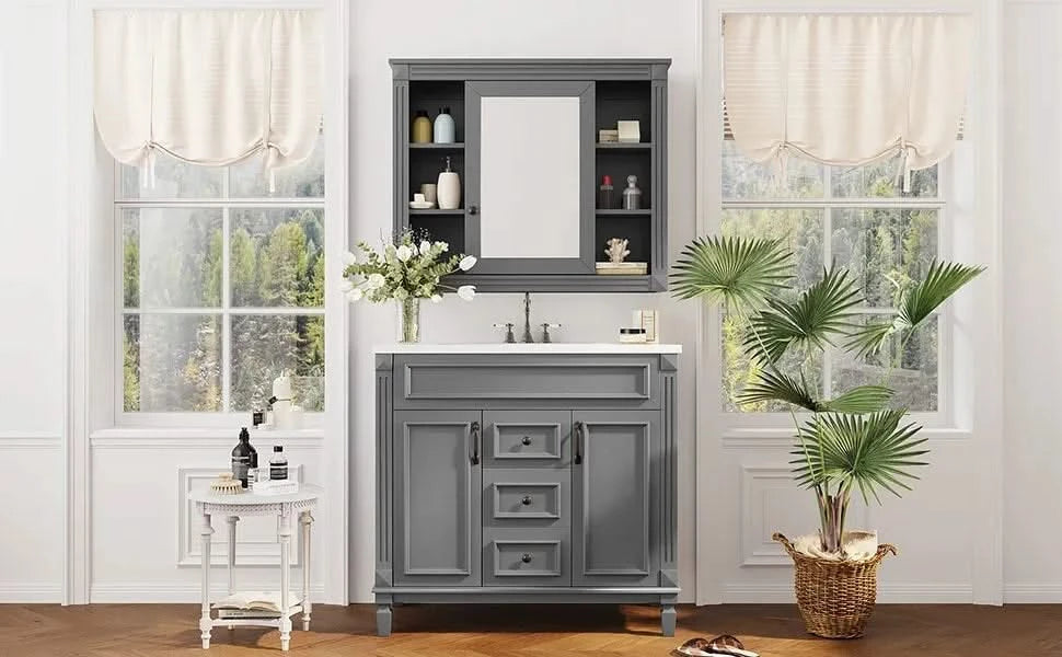 36'' Bathroom Vanity with Top Sink, Mirror Cabinet, Modern Bathroom Storage Cabinet with 2 Soft Closing Doors and 2 Drawers, Single Sink Bathroom Vanity Default -DTYStore