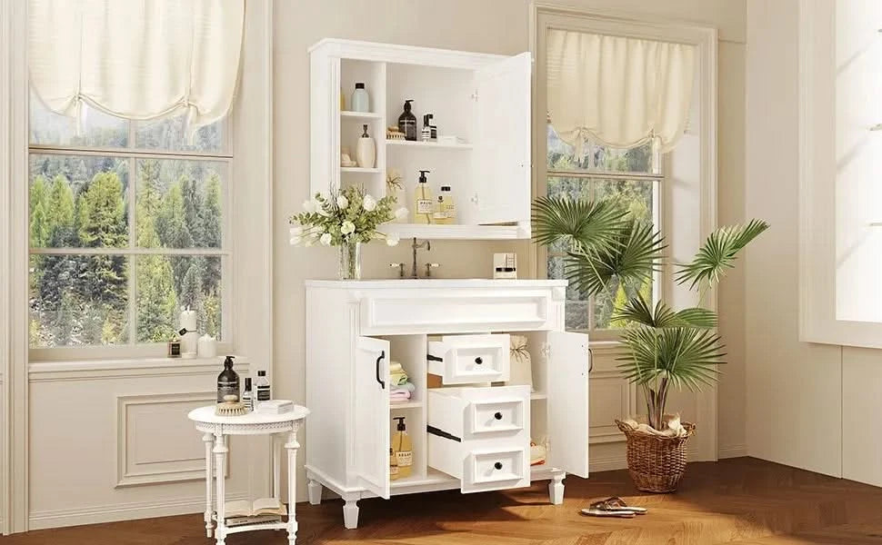 36'' Bathroom Vanity with Top Sink, Mirror Cabinet, Modern Bathroom Storage Cabinet with 2 Soft Closing Doors and 2 Drawers, Single Sink Bathroom Vanity Default -DTYStore