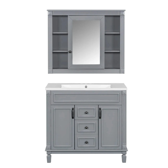 36'' Bathroom Vanity with Top Sink, Mirror Cabinet, Modern Bathroom Storage Cabinet with 2 Soft Closing Doors and 2 Drawers, Single Sink Bathroom Vanity Default -DTYStore