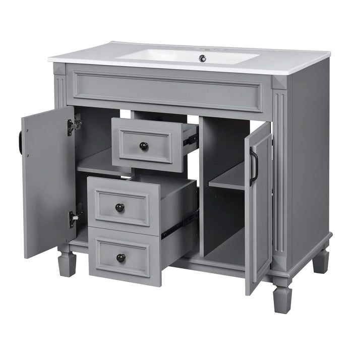 36'' Bathroom Vanity with Top Sink, Mirror Cabinet, Modern Bathroom Storage Cabinet with 2 Soft Closing Doors and 2 Drawers, Single Sink Bathroom Vanity Default -DTYStore