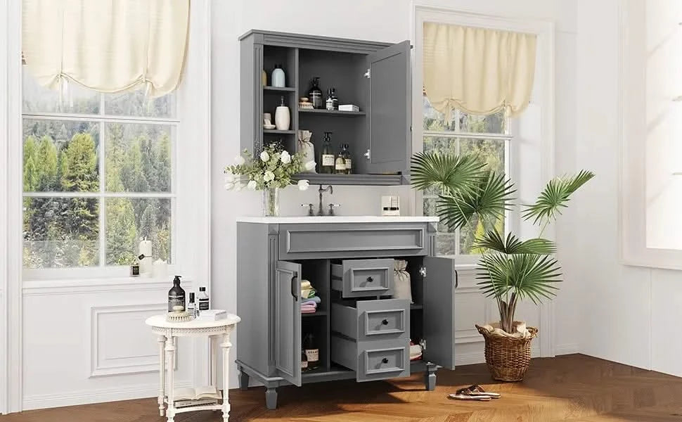 36'' Bathroom Vanity with Top Sink, Mirror Cabinet, Modern Bathroom Storage Cabinet with 2 Soft Closing Doors and 2 Drawers, Single Sink Bathroom Vanity Default -DTYStore