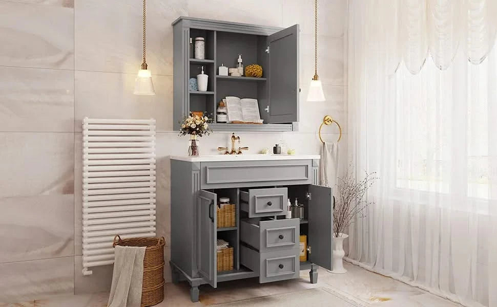 36'' Bathroom Vanity with Top Sink, Mirror Cabinet, Modern Bathroom Storage Cabinet with 2 Soft Closing Doors and 2 Drawers, Single Sink Bathroom Vanity Default -DTYStore