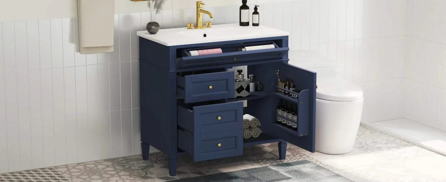 36'' Bathroom Vanity with Top Sink, Modern Bathroom Storage Cabinet with 2 Drawers and a Tip-out Drawer, Single Sink Bathroom Vanity Default -DTYStore