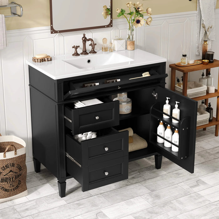 36'' Bathroom Vanity with Top Sink, Modern Bathroom Storage Cabinet with 2 Drawers and a Tip-out Drawer, Single Sink Bathroom Vanity Default -DTYStore