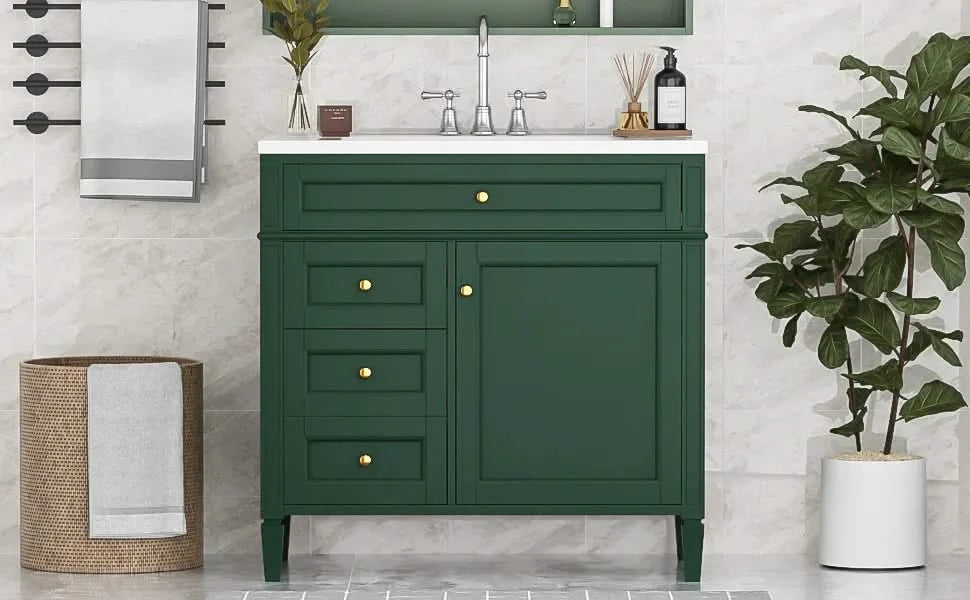 36'' Bathroom Vanity with Top Sink, Modern Bathroom Storage Cabinet with 2 Drawers and a Tip-out Drawer, Single Sink Bathroom Vanity Default -DTYStore