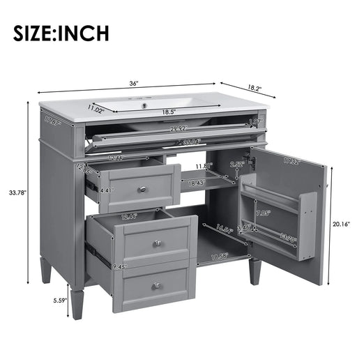 36'' Bathroom Vanity with Top Sink, Modern Bathroom Storage Cabinet with 2 Drawers and a Tip-out Drawer, Single Sink Bathroom Vanity Default -DTYStore