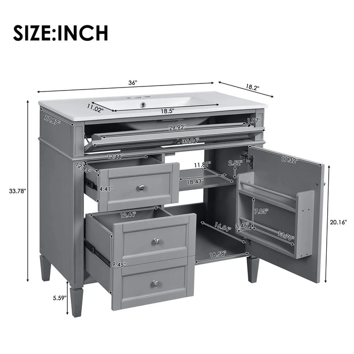 36'' Bathroom Vanity with Top Sink, Modern Bathroom Storage Cabinet with 2 Drawers and a Tip-out Drawer, Single Sink Bathroom Vanity Default -DTYStore