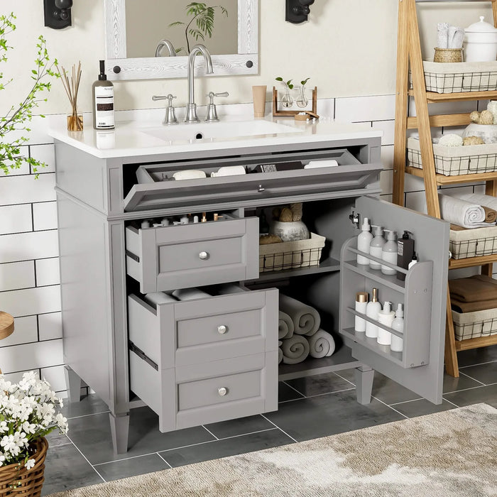 36'' Bathroom Vanity with Top Sink, Modern Bathroom Storage Cabinet with 2 Drawers and a Tip-out Drawer, Single Sink Bathroom Vanity Default -DTYStore