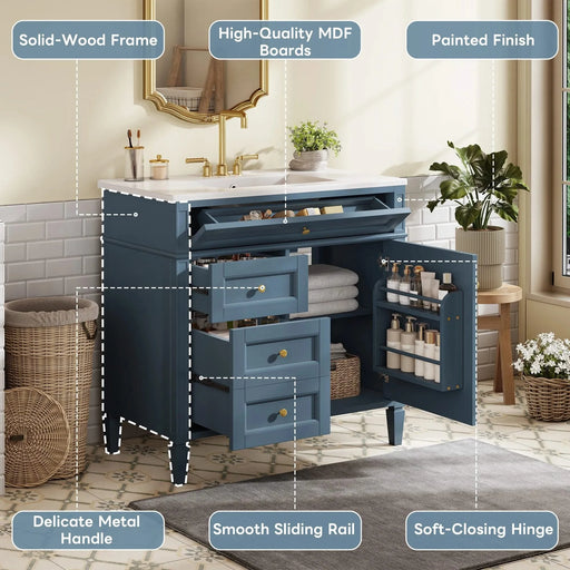 36'' Bathroom Vanity with Top Sink, Modern Bathroom Storage Cabinet with 2 Drawers and a Tip-out Drawer, Single Sink Bathroom Vanity Default -DTYStore