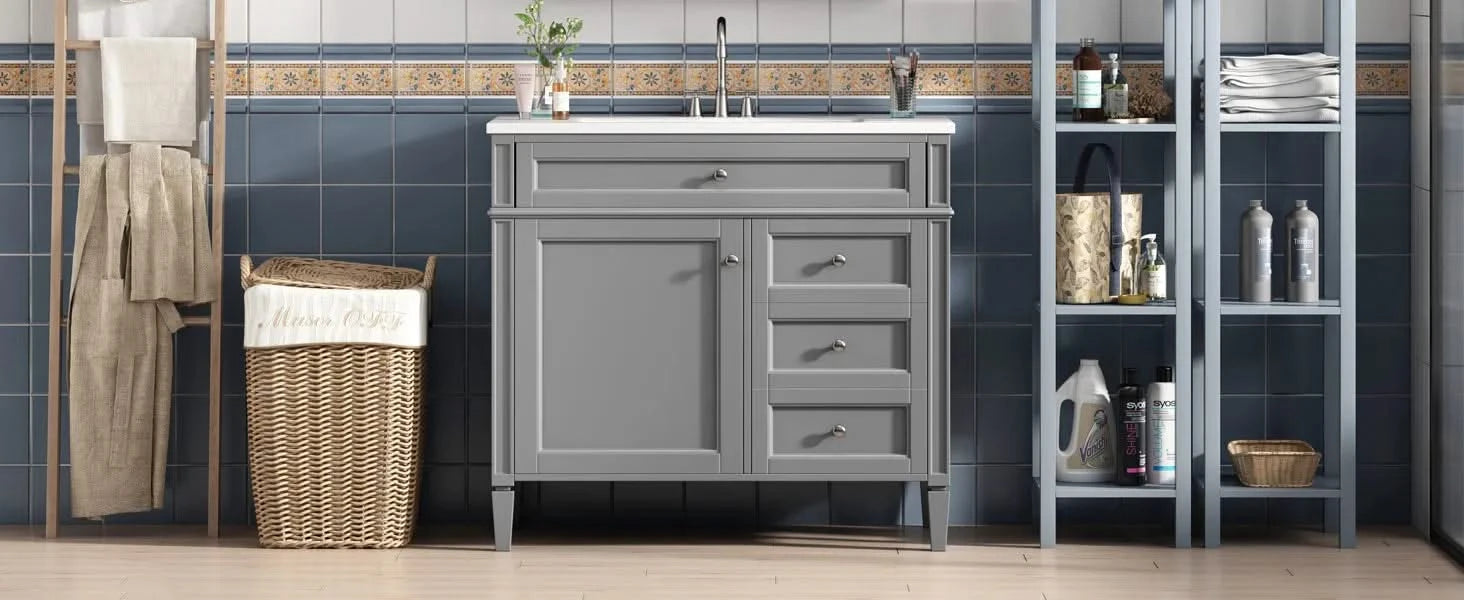 36'' Bathroom Vanity with Top Sink, Modern Bathroom Storage Cabinet with 2 Drawers and a Tip-out Drawer, Single Sink Bathroom Vanity Default -DTYStore