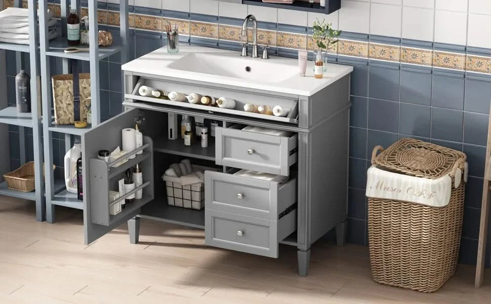 36'' Bathroom Vanity with Top Sink, Modern Bathroom Storage Cabinet with 2 Drawers and a Tip-out Drawer, Single Sink Bathroom Vanity Default -DTYStore