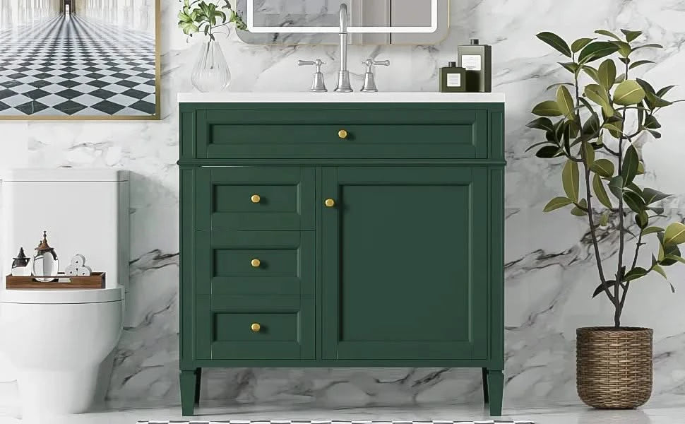 36'' Bathroom Vanity with Top Sink, Modern Bathroom Storage Cabinet with 2 Drawers and a Tip-out Drawer, Single Sink Bathroom Vanity Default -DTYStore