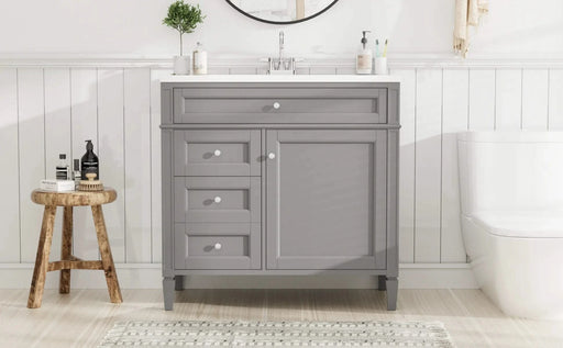 36'' Bathroom Vanity with Top Sink, Modern Bathroom Storage Cabinet with 2 Drawers and a Tip-out Drawer, Single Sink Bathroom Vanity Default -DTYStore
