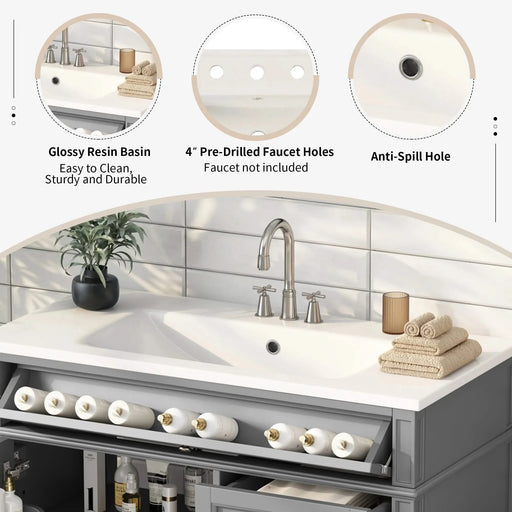 36'' Bathroom Vanity with Top Sink, Modern Bathroom Storage Cabinet with 2 Drawers and a Tip-out Drawer, Single Sink Bathroom Vanity Default -DTYStore