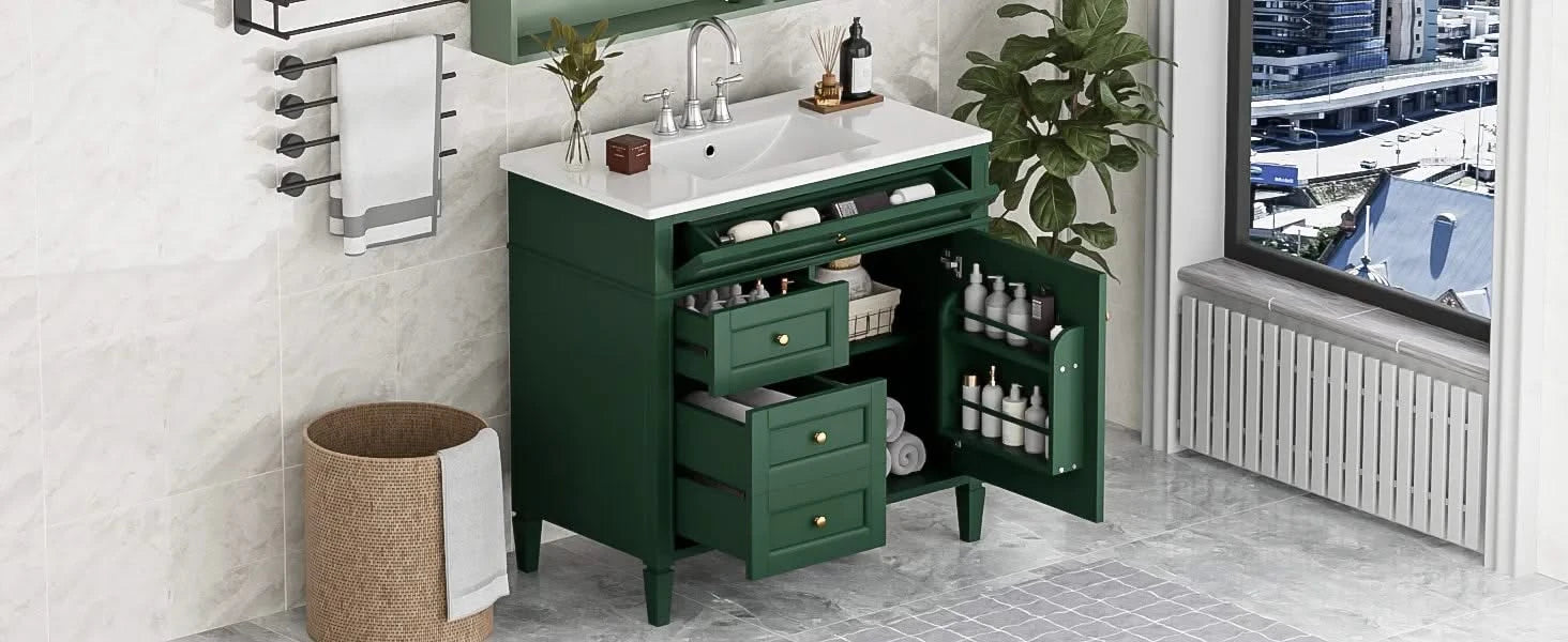 36'' Bathroom Vanity with Top Sink, Modern Bathroom Storage Cabinet with 2 Drawers and a Tip-out Drawer, Single Sink Bathroom Vanity Default -DTYStore