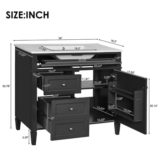 36'' Bathroom Vanity with Top Sink, Modern Bathroom Storage Cabinet with 2 Drawers and a Tip-out Drawer, Single Sink Bathroom Vanity Default -DTYStore