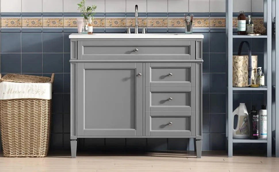 36'' Bathroom Vanity with Top Sink, Modern Bathroom Storage Cabinet with 2 Drawers and a Tip-out Drawer, Single Sink Bathroom Vanity Default -DTYStore