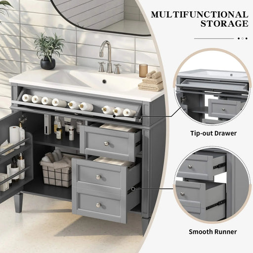 36'' Bathroom Vanity with Top Sink, Modern Bathroom Storage Cabinet with 2 Drawers and a Tip-out Drawer, Single Sink Bathroom Vanity Default -DTYStore