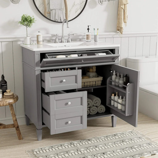 36'' Bathroom Vanity with Top Sink, Modern Bathroom Storage Cabinet with 2 Drawers and a Tip-out Drawer, Single Sink Bathroom Vanity Default -DTYStore