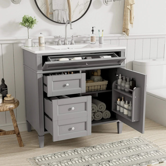 36'' Bathroom Vanity with Top Sink, Modern Bathroom Storage Cabinet with 2 Drawers and a Tip-out Drawer, Single Sink Bathroom Vanity Default -DTYStore