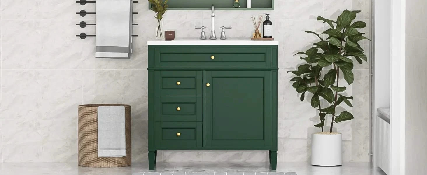 36'' Bathroom Vanity with Top Sink, Modern Bathroom Storage Cabinet with 2 Drawers and a Tip-out Drawer, Single Sink Bathroom Vanity Default -DTYStore