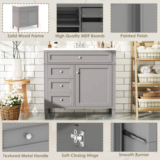 36'' Bathroom Vanity with Top Sink, Modern Bathroom Storage Cabinet with 2 Drawers and a Tip-out Drawer, Single Sink Bathroom Vanity Default -DTYStore