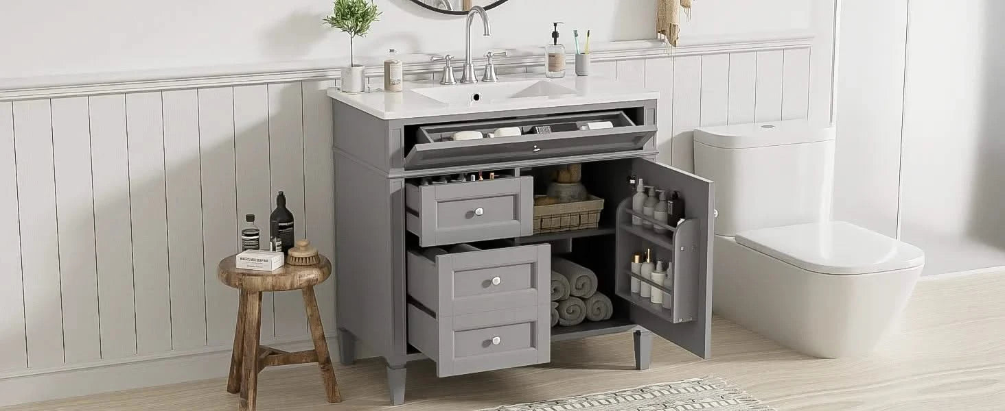 36'' Bathroom Vanity with Top Sink, Modern Bathroom Storage Cabinet with 2 Drawers and a Tip-out Drawer, Single Sink Bathroom Vanity Default -DTYStore