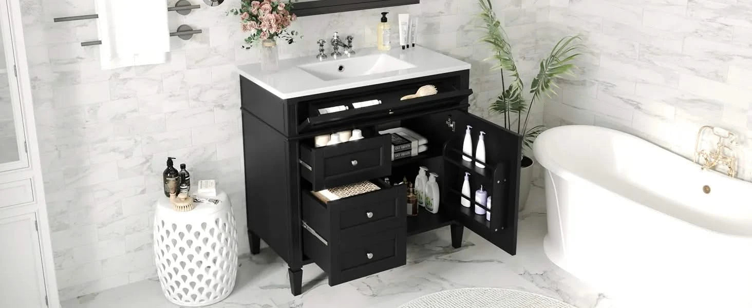 36'' Bathroom Vanity with Top Sink, Modern Bathroom Storage Cabinet with 2 Drawers and a Tip-out Drawer, Single Sink Bathroom Vanity Default -DTYStore