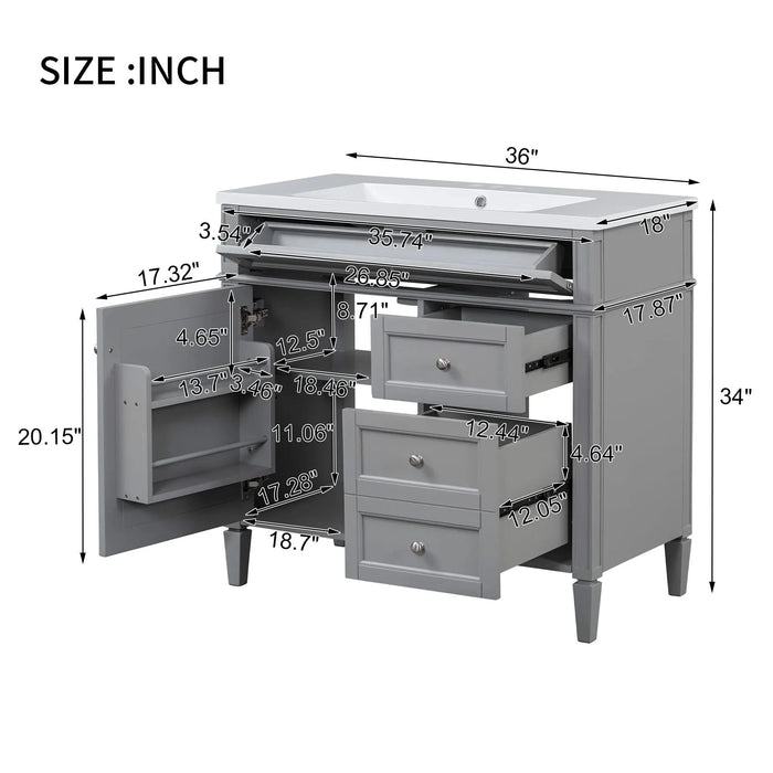 36'' Bathroom Vanity with Top Sink, Modern Bathroom Storage Cabinet with 2 Drawers and a Tip-out Drawer, Single Sink Bathroom Vanity Default -DTYStore