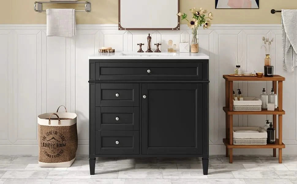 36'' Bathroom Vanity with Top Sink, Modern Bathroom Storage Cabinet with 2 Drawers and a Tip-out Drawer, Single Sink Bathroom Vanity Default -DTYStore