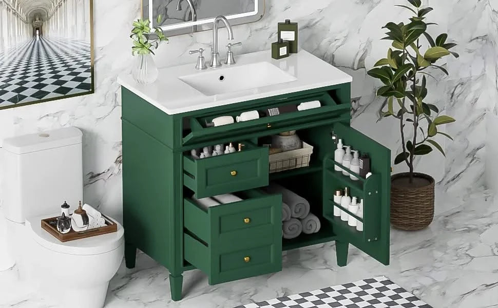 36'' Bathroom Vanity with Top Sink, Modern Bathroom Storage Cabinet with 2 Drawers and a Tip-out Drawer, Single Sink Bathroom Vanity Default -DTYStore