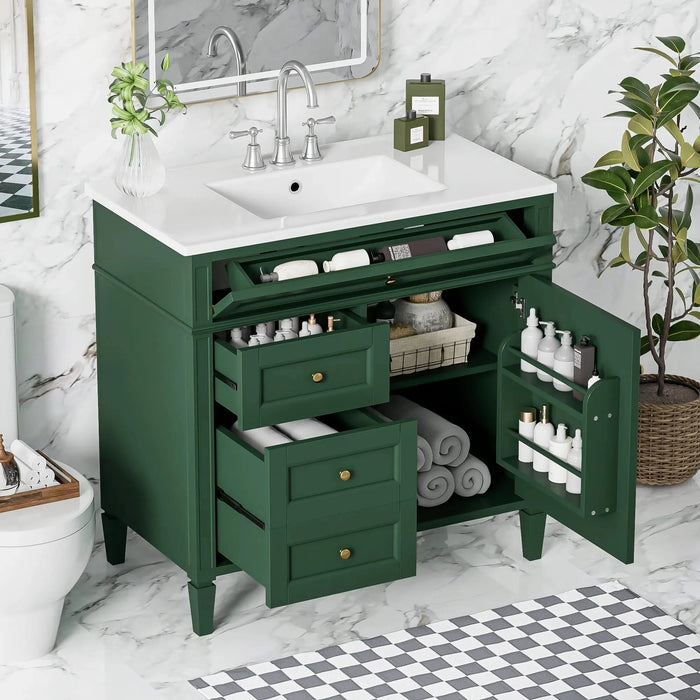 36'' Bathroom Vanity with Top Sink, Modern Bathroom Storage Cabinet with 2 Drawers and a Tip-out Drawer, Single Sink Bathroom Vanity Default -DTYStore