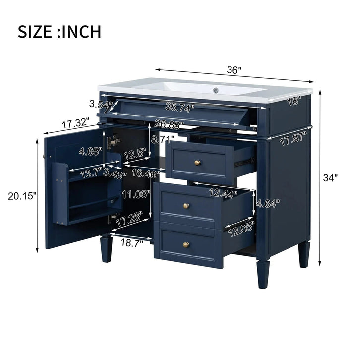 36'' Bathroom Vanity with Top Sink, Modern Bathroom Storage Cabinet with 2 Drawers and a Tip-out Drawer, Single Sink Bathroom Vanity Default -DTYStore