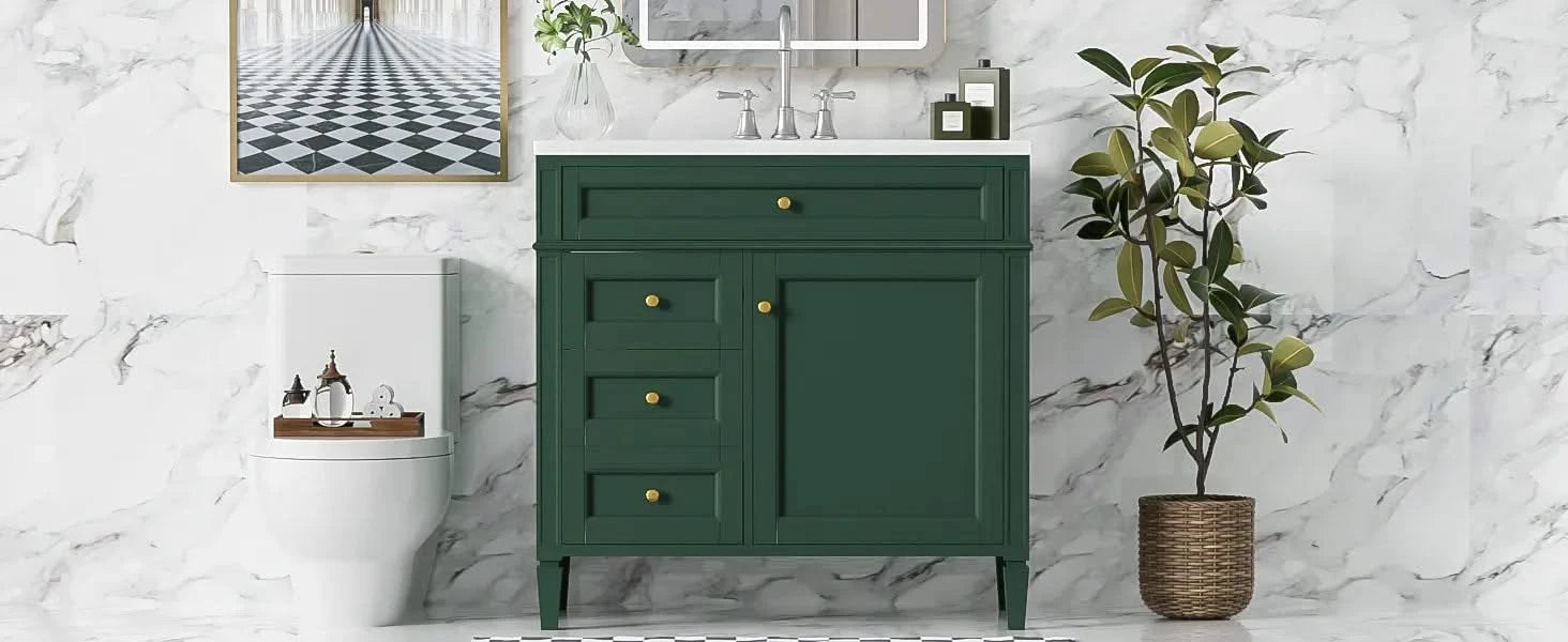 36'' Bathroom Vanity with Top Sink, Modern Bathroom Storage Cabinet with 2 Drawers and a Tip-out Drawer, Single Sink Bathroom Vanity Default -DTYStore