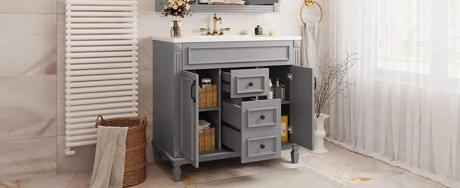 36'' Bathroom Vanity with Top Sink, Modern Bathroom Storage Cabinet with 2 Soft Closing Doors and 2 Drawers, Single Sink Bathroom Vanity Default -DTYStore