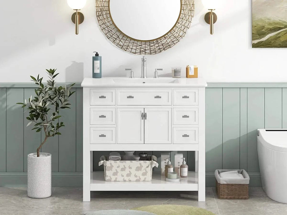 36'' Bathroom Vanity with Top Sink, Modern Bathroom Storage Cabinet with 2 Soft Closing Doors and 6 Drawers, Single Sink Bathroom Vanity Default -DTYStore