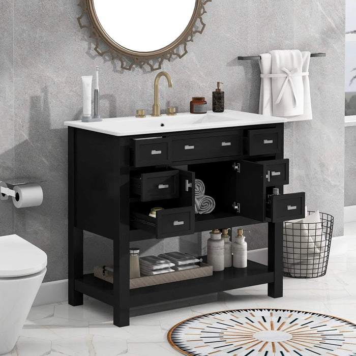 36'' Bathroom Vanity with Top Sink, Modern Bathroom Storage Cabinet with 2 Soft Closing Doors and 6 Drawers, Single Sink Bathroom Vanity Default -DTYStore