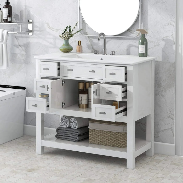 36'' Bathroom Vanity with Top Sink, Modern Bathroom Storage Cabinet with 2 Soft Closing Doors and 6 Drawers, Single Sink Bathroom Vanity Default -DTYStore