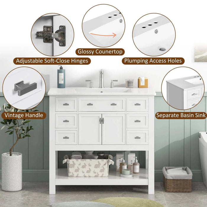 36'' Bathroom Vanity with Top Sink, Modern Bathroom Storage Cabinet with 2 Soft Closing Doors and 6 Drawers, Single Sink Bathroom Vanity Default -DTYStore