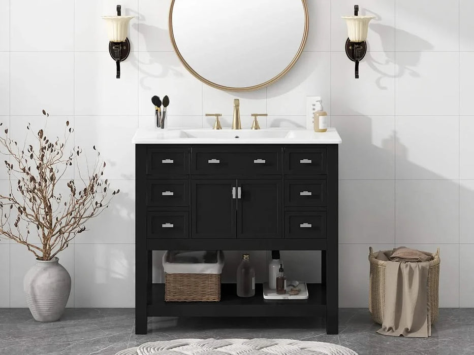 36'' Bathroom Vanity with Top Sink, Modern Bathroom Storage Cabinet with 2 Soft Closing Doors and 6 Drawers, Single Sink Bathroom Vanity Default -DTYStore