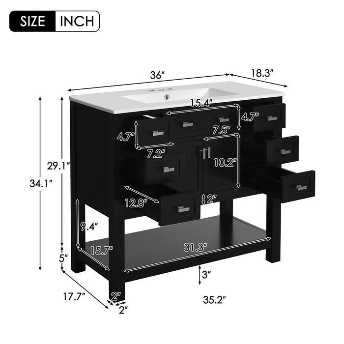 36'' Bathroom Vanity with Top Sink, Modern Bathroom Storage Cabinet with 2 Soft Closing Doors and 6 Drawers, Single Sink Bathroom Vanity Default -DTYStore