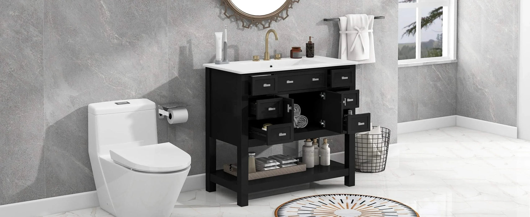 36'' Bathroom Vanity with Top Sink, Modern Bathroom Storage Cabinet with 2 Soft Closing Doors and 6 Drawers, Single Sink Bathroom Vanity Default -DTYStore