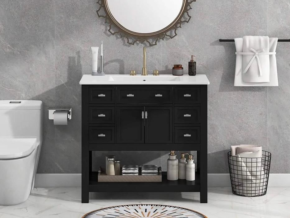 36'' Bathroom Vanity with Top Sink, Modern Bathroom Storage Cabinet with 2 Soft Closing Doors and 6 Drawers, Single Sink Bathroom Vanity Default -DTYStore