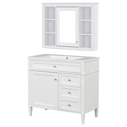 36'' Bathroom Vanity with Top Sink, Modern Bathroom Storage Cabinet with Mirror, 2 Drawers and a Tip-out Drawer, Mirror Cabinet with 6 Open Shelves, Single Sink Bathroom Vanity Default -DTYStore