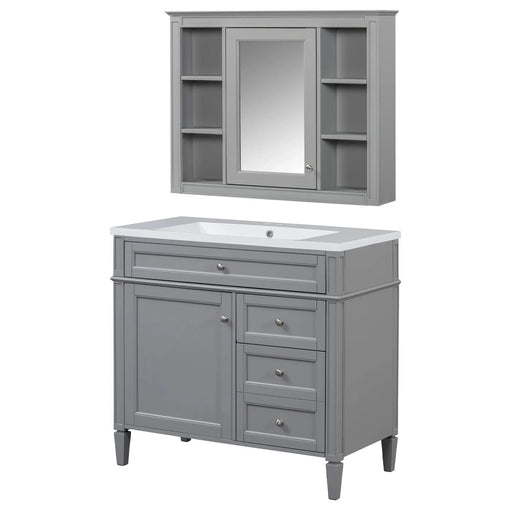 36'' Bathroom Vanity with Top Sink, Modern Bathroom Storage Cabinet with Mirror, 2 Drawers and a Tip-out Drawer, Mirror Cabinet with 6 Open Shelves, Single Sink Bathroom Vanity Default -DTYStore