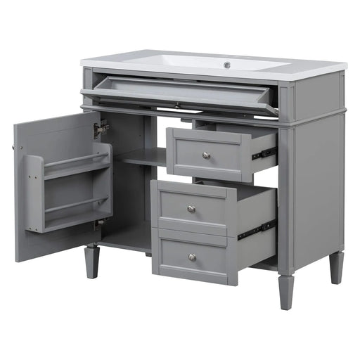 36'' Bathroom Vanity with Top Sink, Modern Bathroom Storage Cabinet with Mirror, 2 Drawers and a Tip-out Drawer, Mirror Cabinet with 6 Open Shelves, Single Sink Bathroom Vanity Default -DTYStore