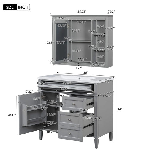 36'' Bathroom Vanity with Top Sink, Modern Bathroom Storage Cabinet with Mirror, 2 Drawers and a Tip-out Drawer, Mirror Cabinet with 6 Open Shelves, Single Sink Bathroom Vanity Default -DTYStore