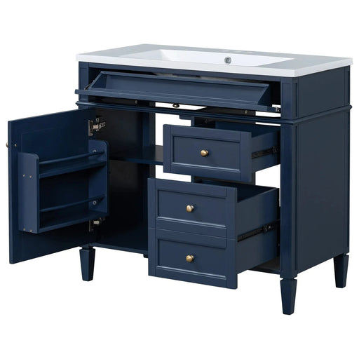 36'' Bathroom Vanity with Top Sink, Modern Bathroom Storage Cabinet with Mirror, 2 Drawers and a Tip-out Drawer, Mirror Cabinet with 6 Open Shelves, Single Sink Bathroom Vanity Default -DTYStore